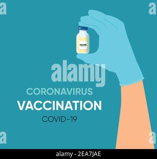 Banner „Vacctination“. Arzt`s Hand hält Medikamentenflasche mit Impfstoff gegen Coronavirus. Virenschutzkonzept. Vektorgrafik. SARS oder Covid- Stock Vektor